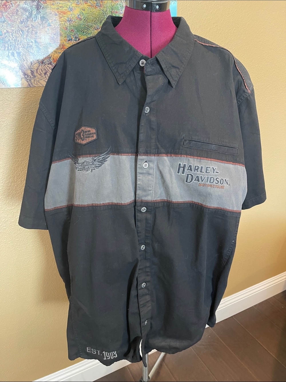 Harley-Davidson Black Short Sleeve Button-Down Shirt with Gray Logo Panel 4XL